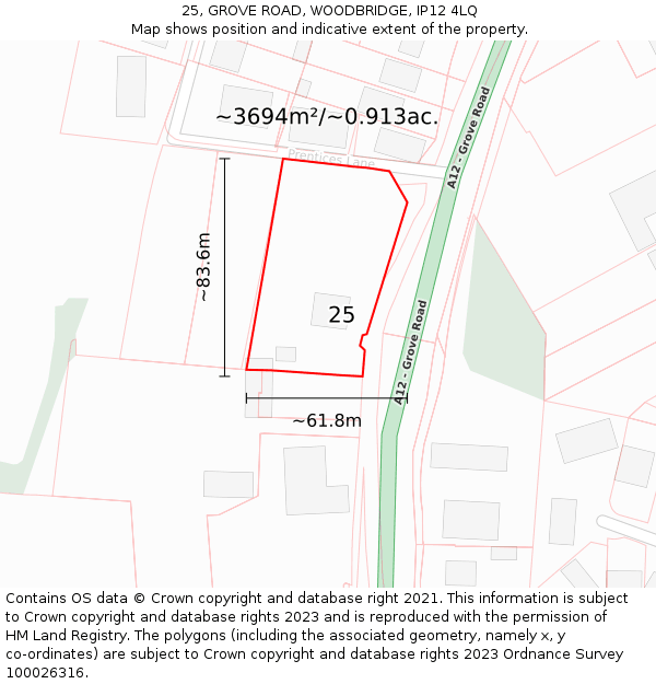 25, GROVE ROAD, WOODBRIDGE, IP12 4LQ: Plot and title map