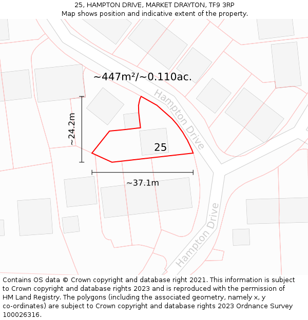 25, HAMPTON DRIVE, MARKET DRAYTON, TF9 3RP: Plot and title map