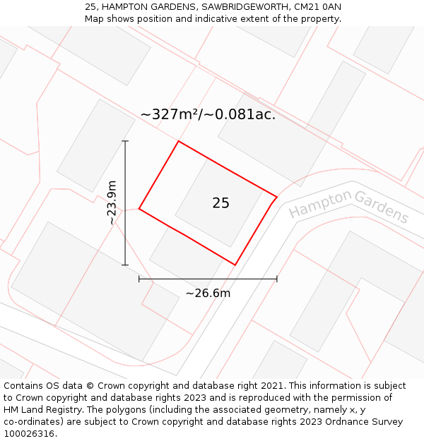 25, HAMPTON GARDENS, SAWBRIDGEWORTH, CM21 0AN: Plot and title map