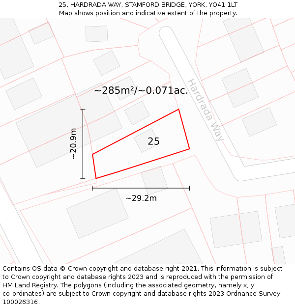 25, HARDRADA WAY, STAMFORD BRIDGE, YORK, YO41 1LT: Plot and title map