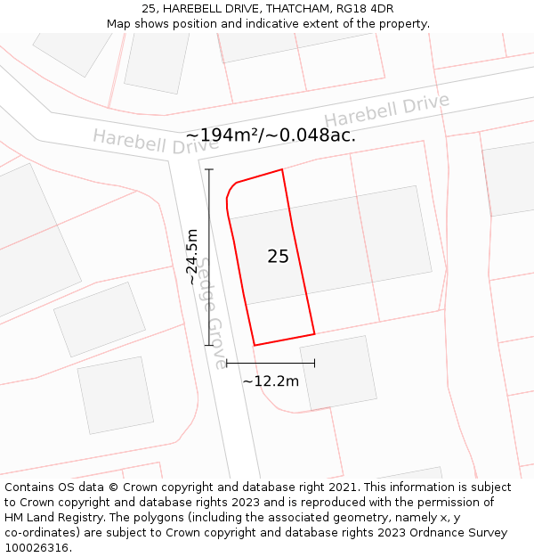 25, HAREBELL DRIVE, THATCHAM, RG18 4DR: Plot and title map