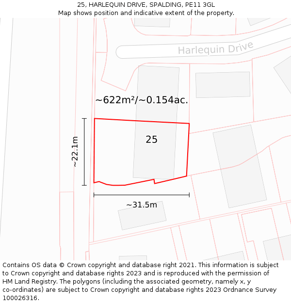 25, HARLEQUIN DRIVE, SPALDING, PE11 3GL: Plot and title map