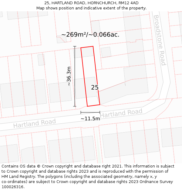 25, HARTLAND ROAD, HORNCHURCH, RM12 4AD: Plot and title map