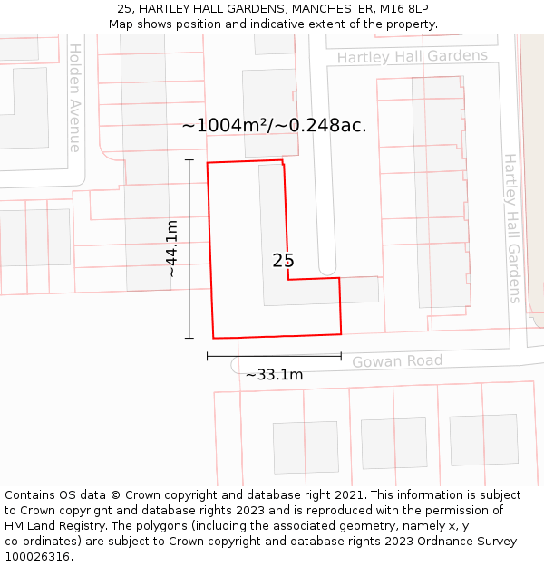 25, HARTLEY HALL GARDENS, MANCHESTER, M16 8LP: Plot and title map