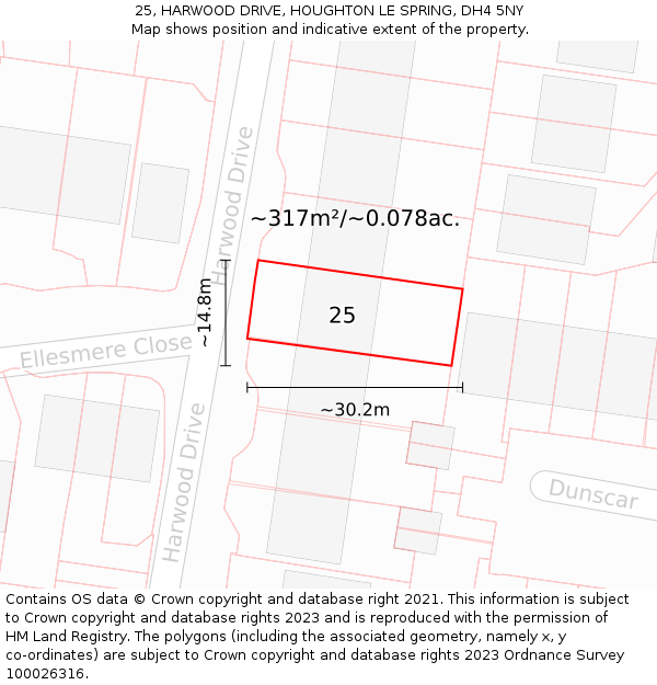 25, HARWOOD DRIVE, HOUGHTON LE SPRING, DH4 5NY: Plot and title map