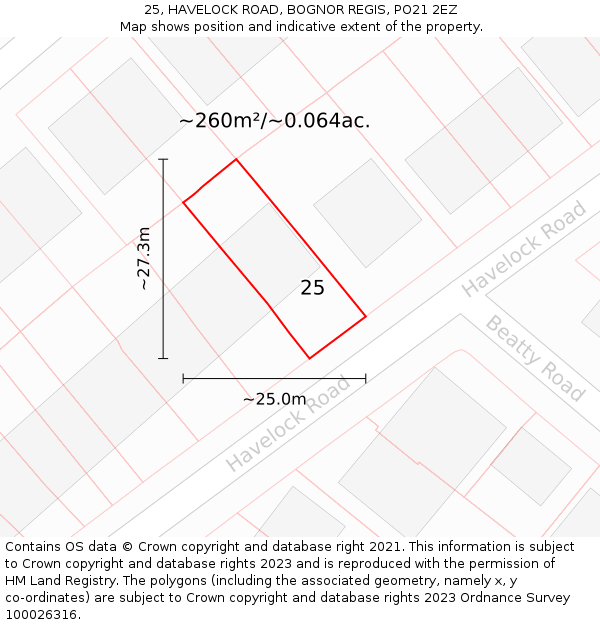 25, HAVELOCK ROAD, BOGNOR REGIS, PO21 2EZ: Plot and title map