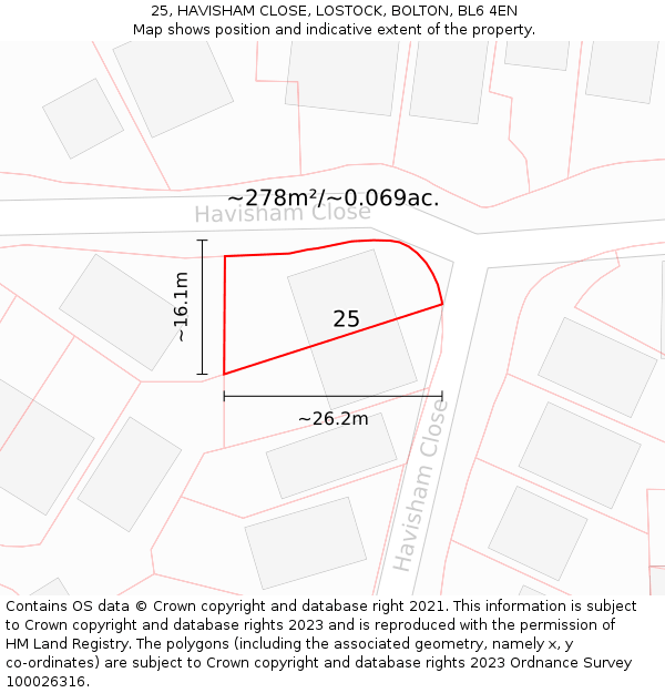 25, HAVISHAM CLOSE, LOSTOCK, BOLTON, BL6 4EN: Plot and title map