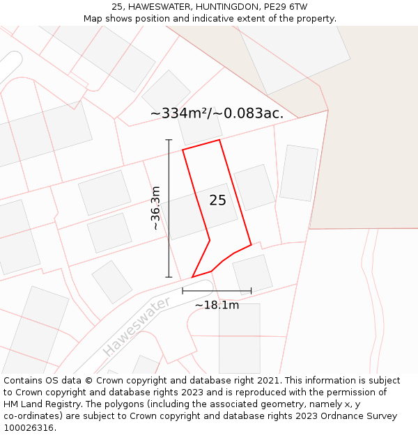 25, HAWESWATER, HUNTINGDON, PE29 6TW: Plot and title map