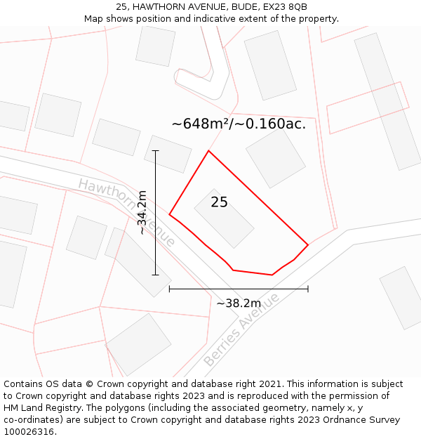 25, HAWTHORN AVENUE, BUDE, EX23 8QB: Plot and title map