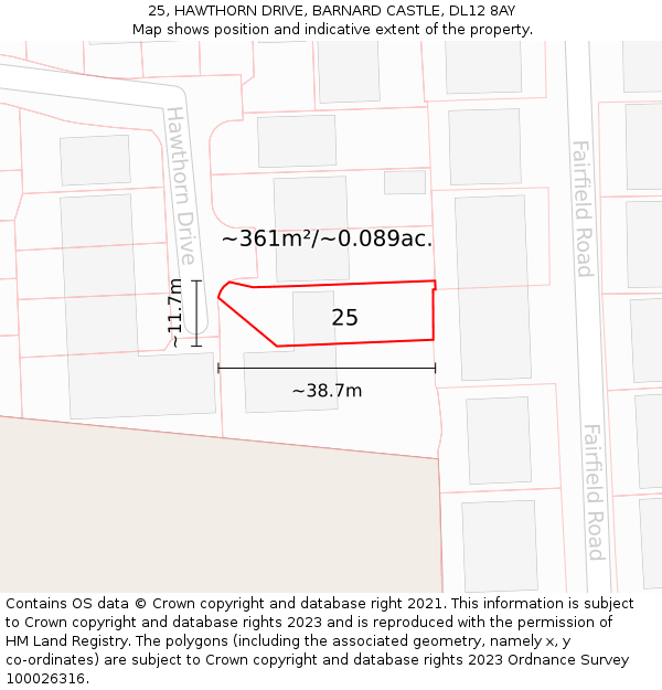 25, HAWTHORN DRIVE, BARNARD CASTLE, DL12 8AY: Plot and title map