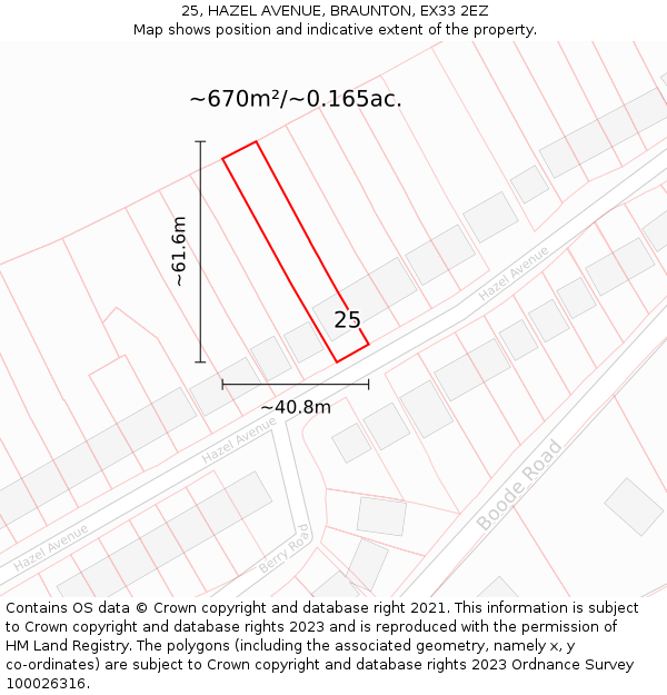 25, HAZEL AVENUE, BRAUNTON, EX33 2EZ: Plot and title map