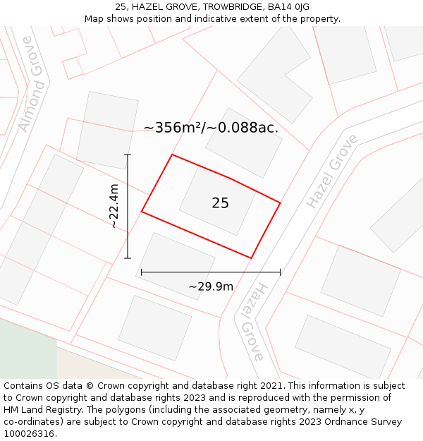 25, HAZEL GROVE, TROWBRIDGE, BA14 0JG: Plot and title map