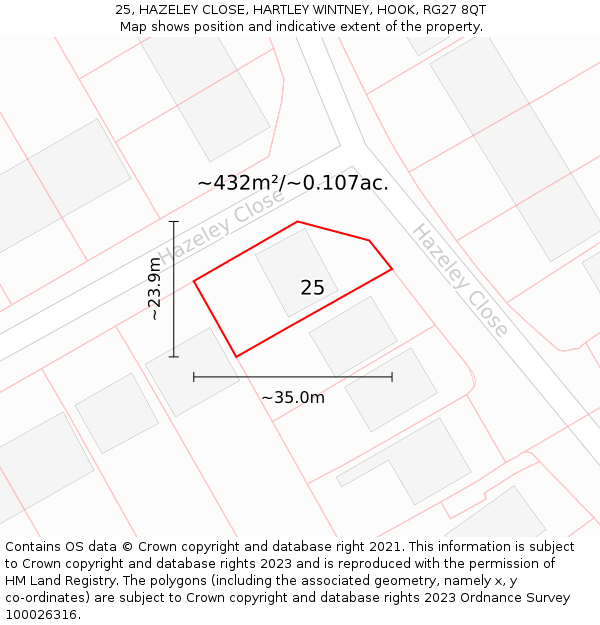 25, HAZELEY CLOSE, HARTLEY WINTNEY, HOOK, RG27 8QT: Plot and title map