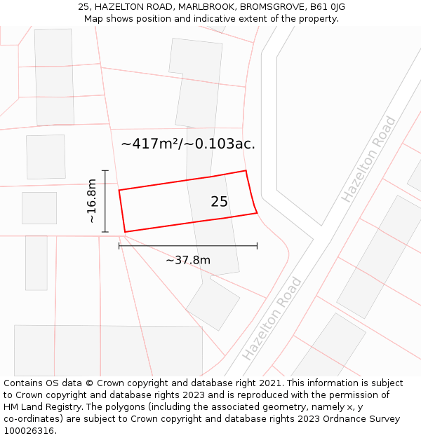 25, HAZELTON ROAD, MARLBROOK, BROMSGROVE, B61 0JG: Plot and title map