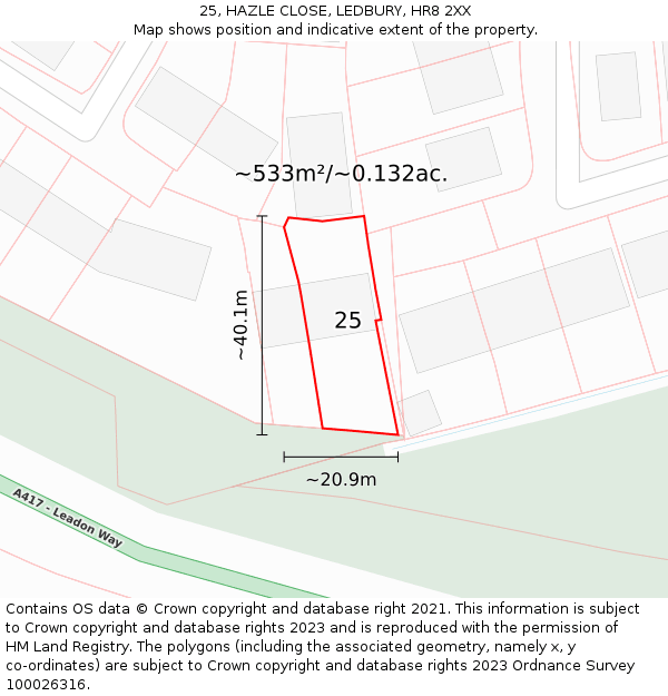 25, HAZLE CLOSE, LEDBURY, HR8 2XX: Plot and title map