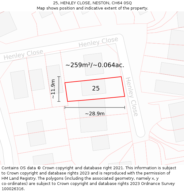 25, HENLEY CLOSE, NESTON, CH64 0SQ: Plot and title map