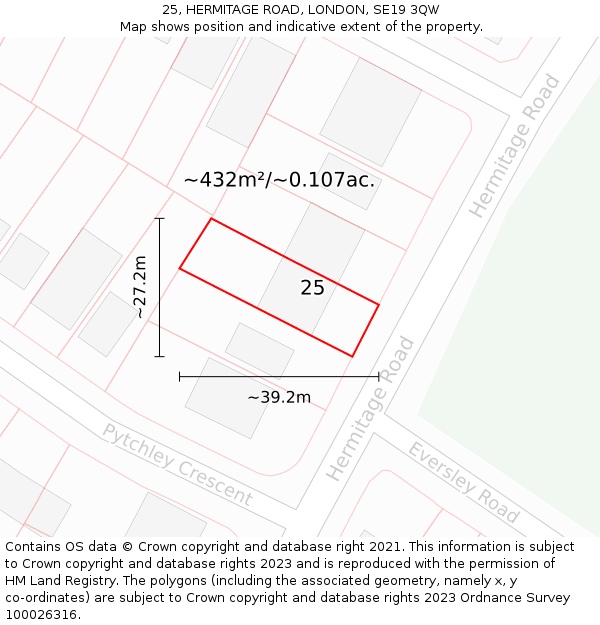 25, HERMITAGE ROAD, LONDON, SE19 3QW: Plot and title map