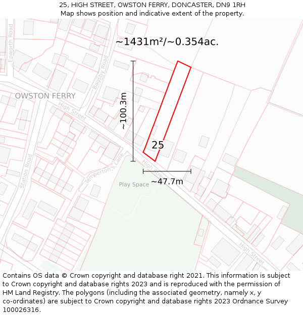 25, HIGH STREET, OWSTON FERRY, DONCASTER, DN9 1RH: Plot and title map