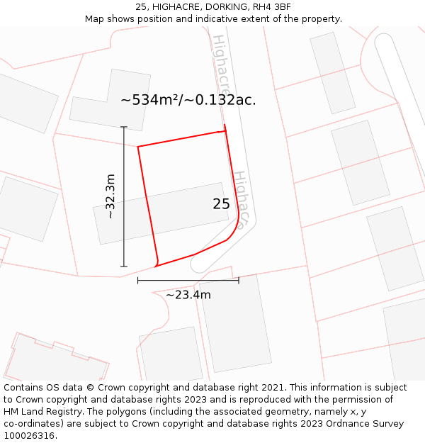 25, HIGHACRE, DORKING, RH4 3BF: Plot and title map