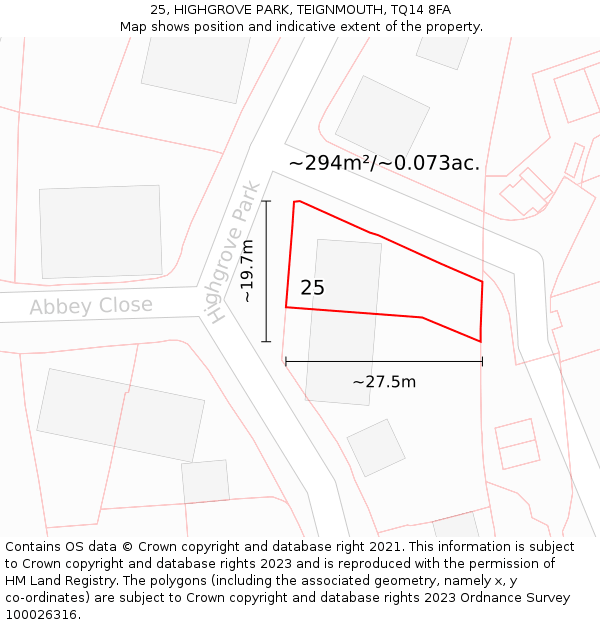 25, HIGHGROVE PARK, TEIGNMOUTH, TQ14 8FA: Plot and title map
