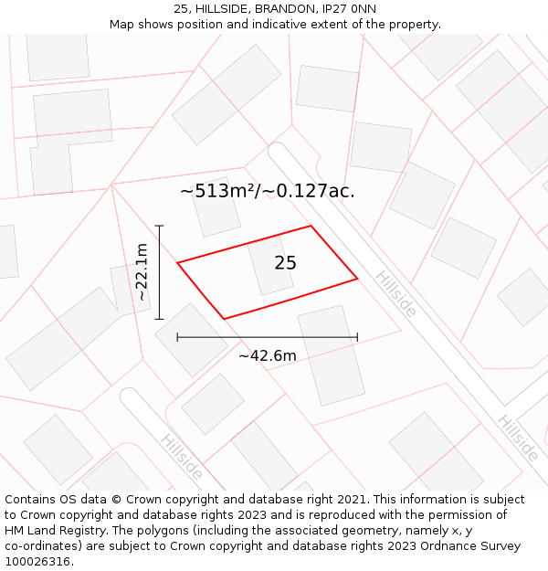 25, HILLSIDE, BRANDON, IP27 0NN: Plot and title map