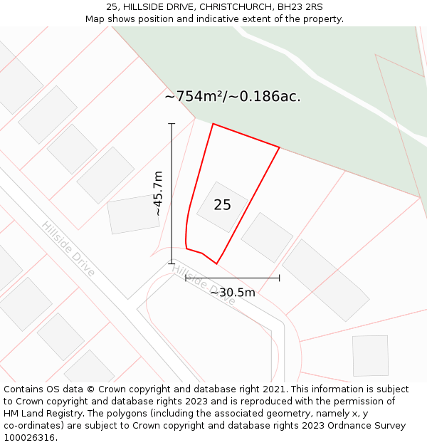 25, HILLSIDE DRIVE, CHRISTCHURCH, BH23 2RS: Plot and title map