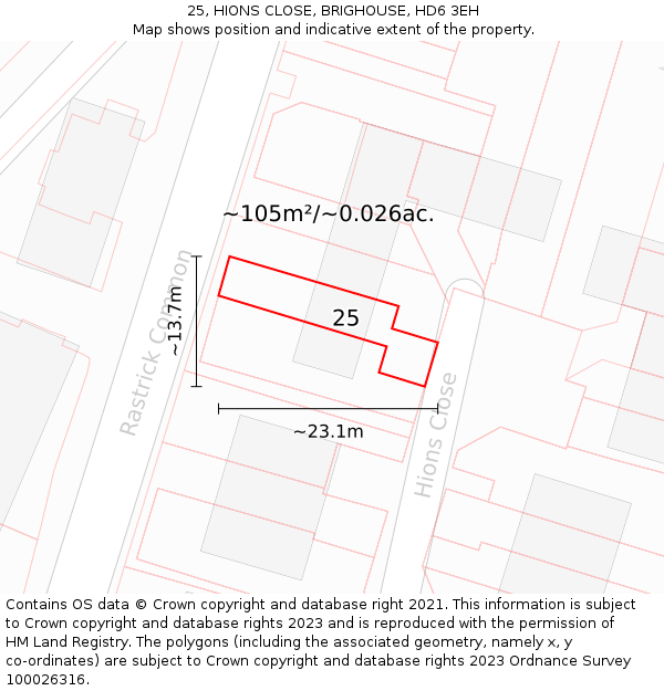 25, HIONS CLOSE, BRIGHOUSE, HD6 3EH: Plot and title map