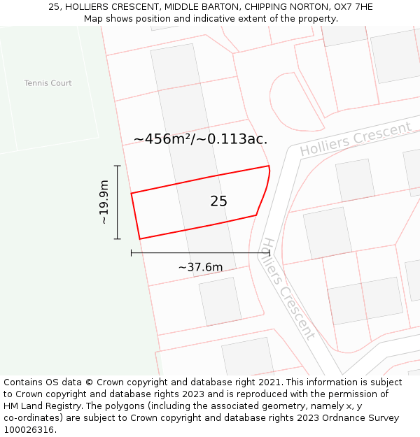 25, HOLLIERS CRESCENT, MIDDLE BARTON, CHIPPING NORTON, OX7 7HE: Plot and title map