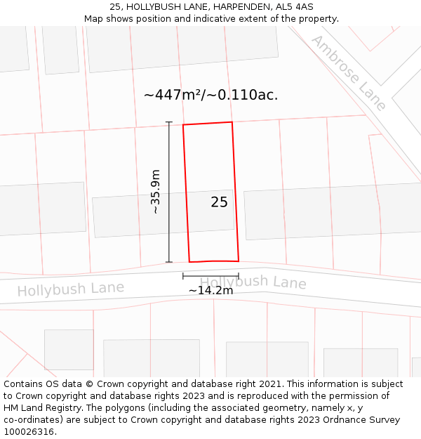 25, HOLLYBUSH LANE, HARPENDEN, AL5 4AS: Plot and title map