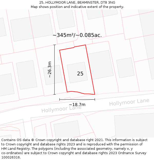 25, HOLLYMOOR LANE, BEAMINSTER, DT8 3NG: Plot and title map