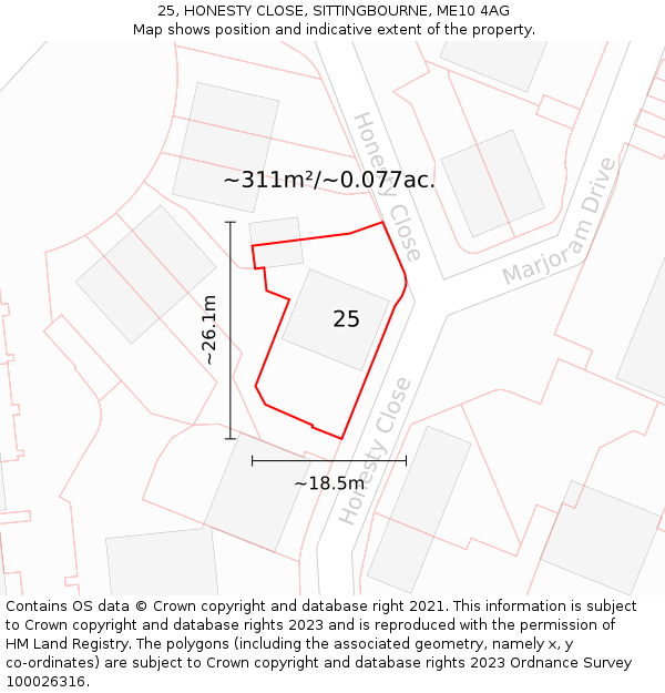 25, HONESTY CLOSE, SITTINGBOURNE, ME10 4AG: Plot and title map