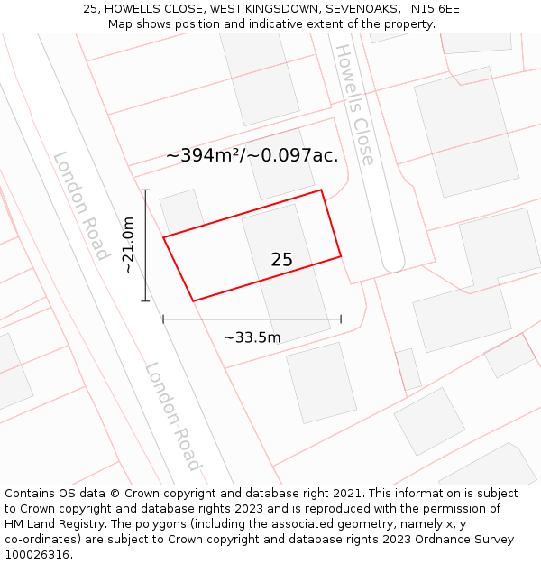 25, HOWELLS CLOSE, WEST KINGSDOWN, SEVENOAKS, TN15 6EE: Plot and title map