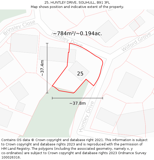 25, HUNTLEY DRIVE, SOLIHULL, B91 3FL: Plot and title map