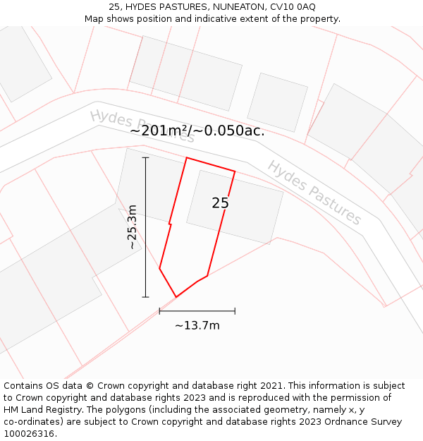 25, HYDES PASTURES, NUNEATON, CV10 0AQ: Plot and title map