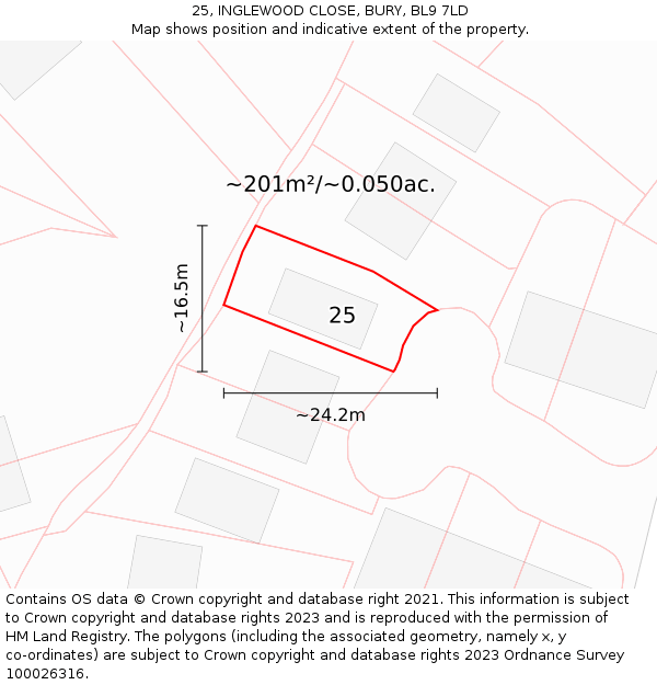 25, INGLEWOOD CLOSE, BURY, BL9 7LD: Plot and title map