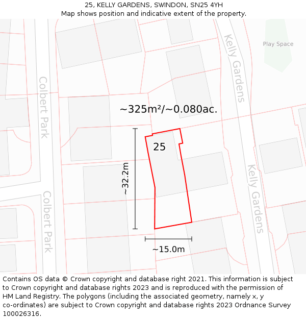 25, KELLY GARDENS, SWINDON, SN25 4YH: Plot and title map