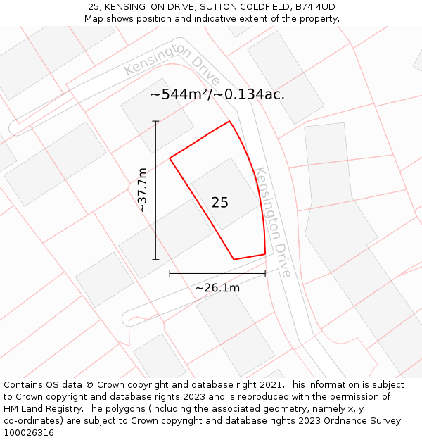 25, KENSINGTON DRIVE, SUTTON COLDFIELD, B74 4UD: Plot and title map