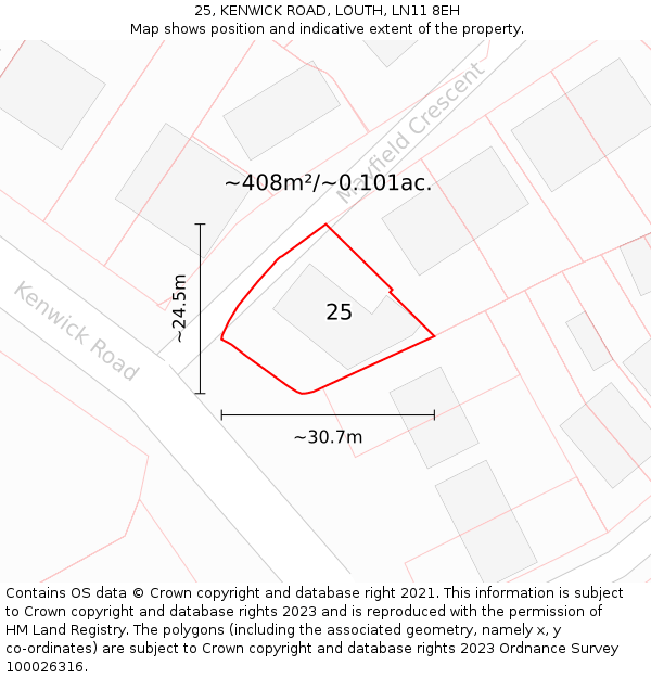 25, KENWICK ROAD, LOUTH, LN11 8EH: Plot and title map