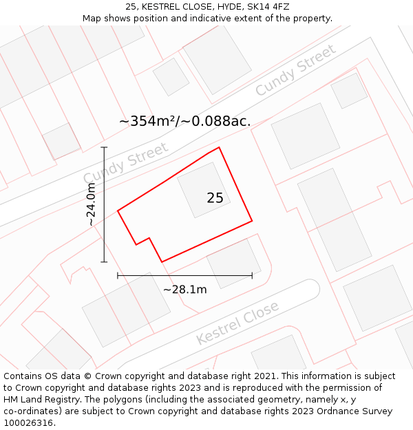 25, KESTREL CLOSE, HYDE, SK14 4FZ: Plot and title map