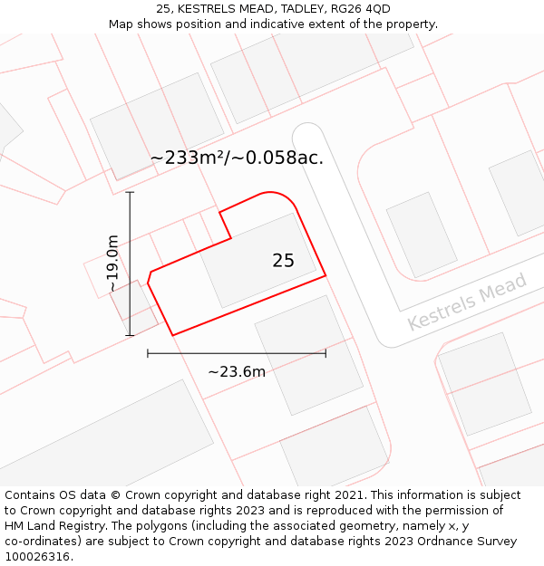 25, KESTRELS MEAD, TADLEY, RG26 4QD: Plot and title map