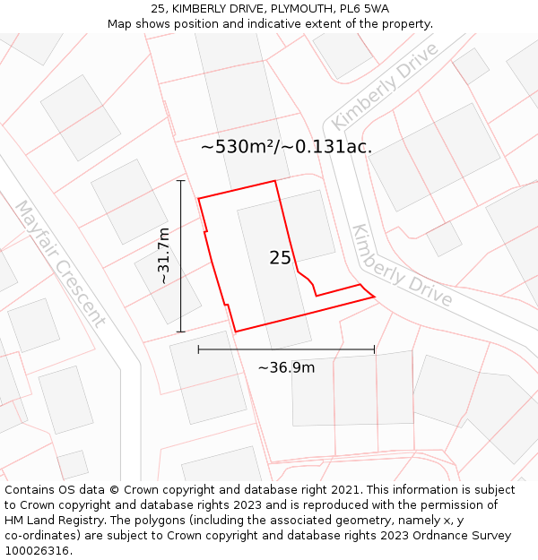 25, KIMBERLY DRIVE, PLYMOUTH, PL6 5WA: Plot and title map