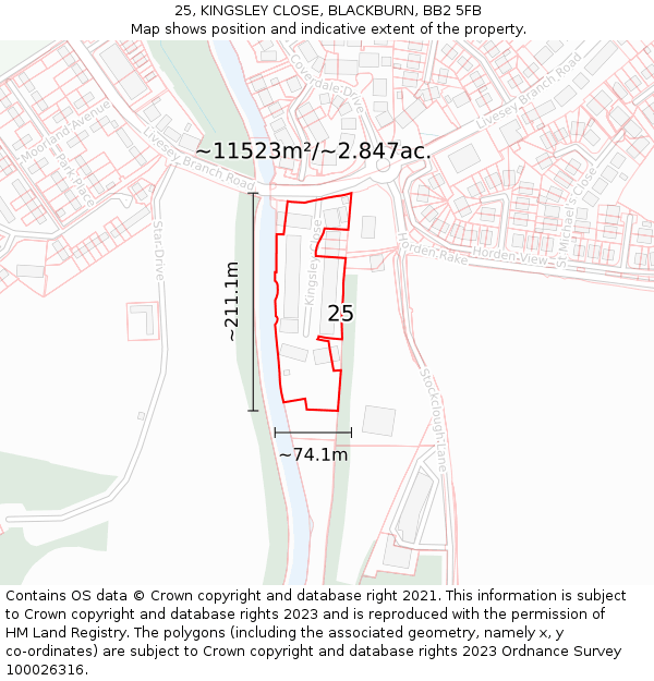 25, KINGSLEY CLOSE, BLACKBURN, BB2 5FB: Plot and title map