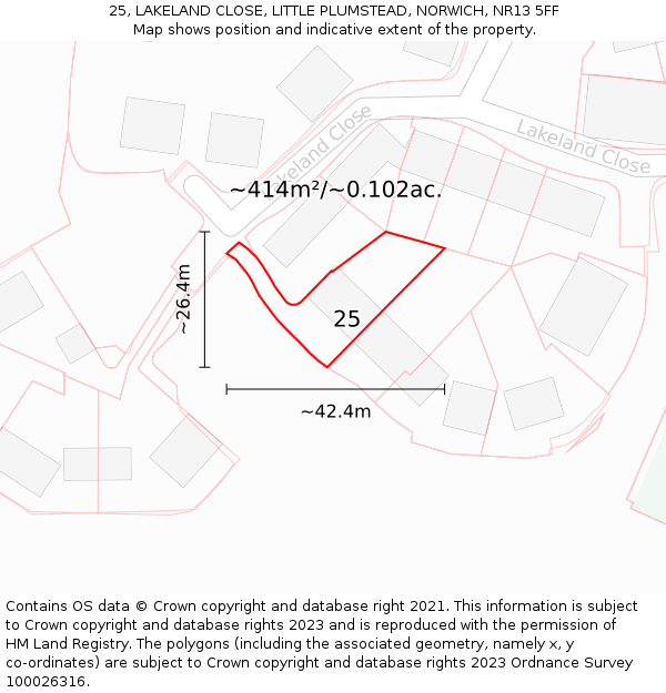 25, LAKELAND CLOSE, LITTLE PLUMSTEAD, NORWICH, NR13 5FF: Plot and title map