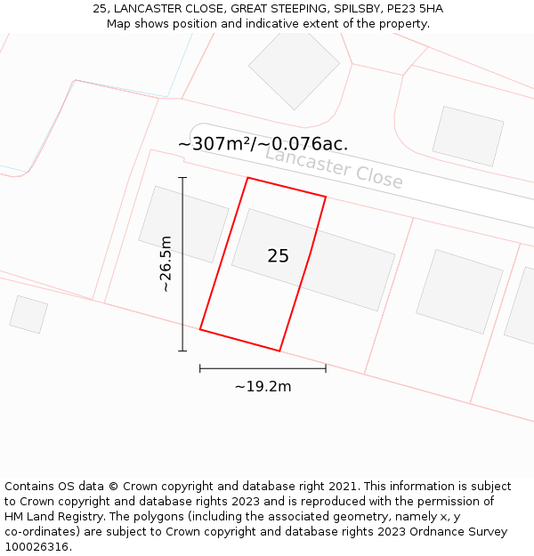 25, LANCASTER CLOSE, GREAT STEEPING, SPILSBY, PE23 5HA: Plot and title map