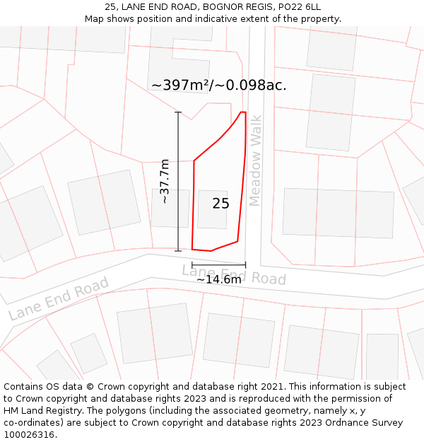 25, LANE END ROAD, BOGNOR REGIS, PO22 6LL: Plot and title map