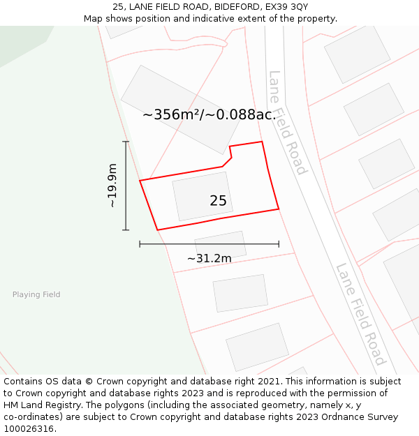 25, LANE FIELD ROAD, BIDEFORD, EX39 3QY: Plot and title map