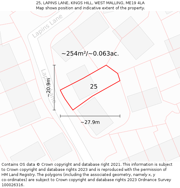 25, LAPINS LANE, KINGS HILL, WEST MALLING, ME19 4LA: Plot and title map