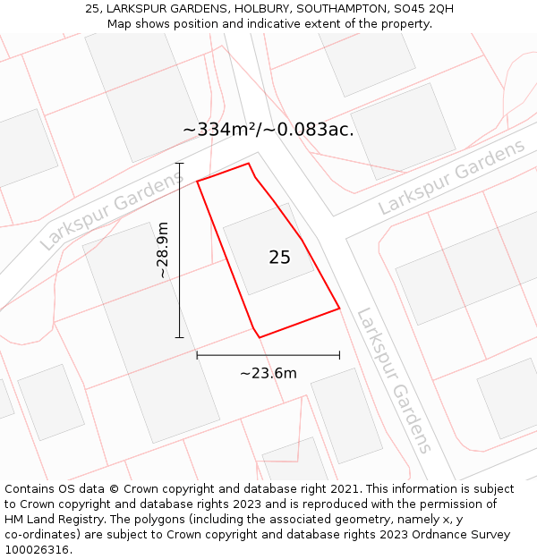 25, LARKSPUR GARDENS, HOLBURY, SOUTHAMPTON, SO45 2QH: Plot and title map