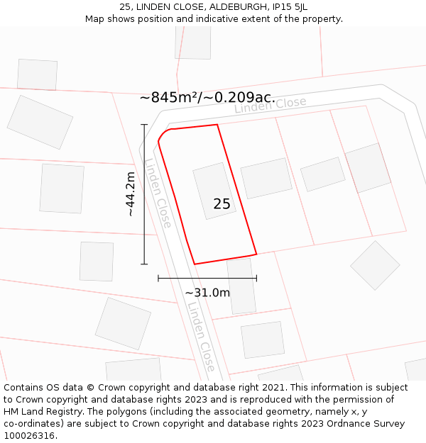 25, LINDEN CLOSE, ALDEBURGH, IP15 5JL: Plot and title map