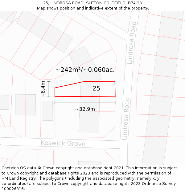 25, LINDROSA ROAD, SUTTON COLDFIELD, B74 3JY: Plot and title map